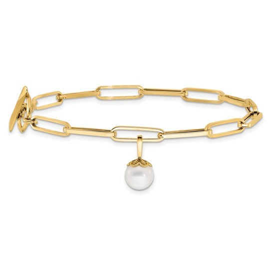 14K Yellow Gold Fresh Water Cultured Pearl Paperclip Bracelet With Toggle Clasp