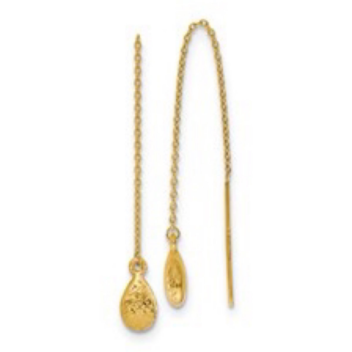 14K Yellow Gold Polished & Textured Tear Drop Threader Earrings