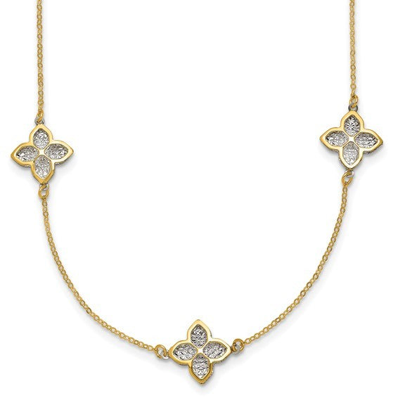 14K Yellow Gold with Rhodium Plating Clover Station Necklace