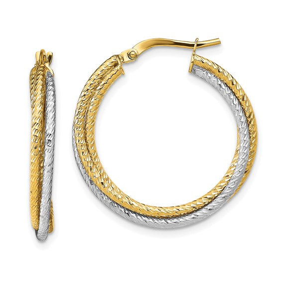 10K Two-tone Polished Diamond Cut Hoop Earrings
