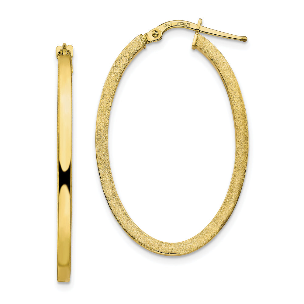 10K Yellow Gold Brushed and Polished Oval Hoop Earrings