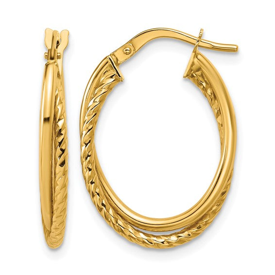 10k Yellow Gold Diamond Cut Oval Hoop Earrings
