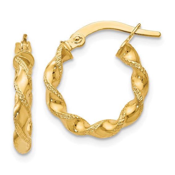 10K Yellow Gold Polished Texture Twisted Hoop Earrings