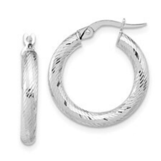14K White Gold Diamond Cut Round Hoops