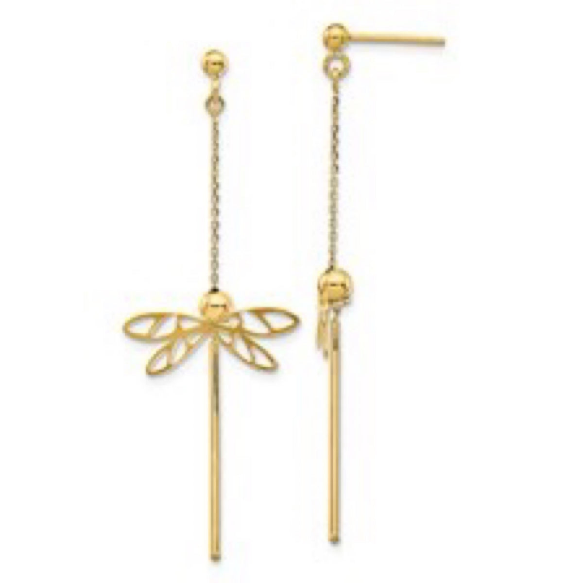 14K Yellow Dragonfly Post Dangle Earrings