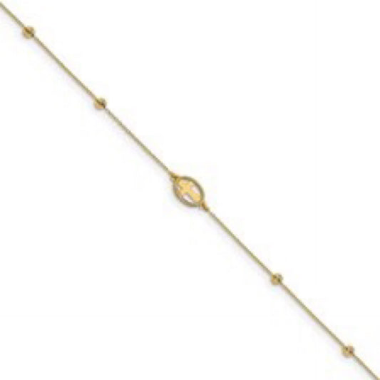 14K Yellow Gold Polished D/C Beaded Cross with 1in ext. Anklet