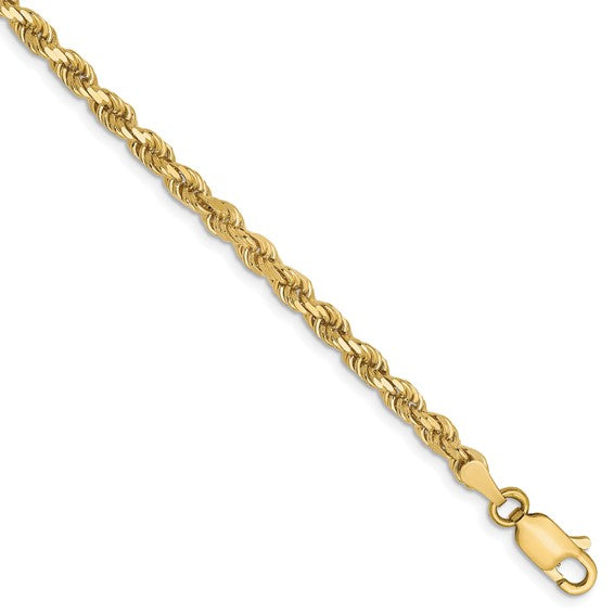 10K 3mm Diamond Cut Rope Bracelet 8"