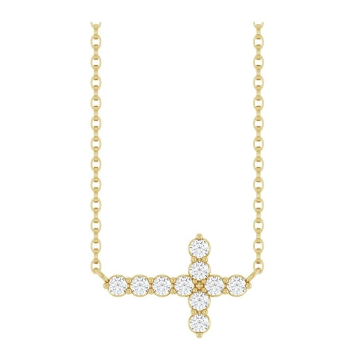 14K yellow gold lab grown diamond sideways cross necklace