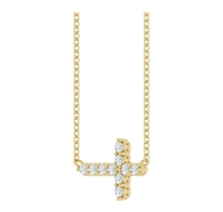 14K yellow gold lab grown diamond sideways cross necklace, alternate view