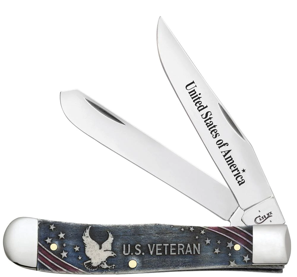 U.S. Veteran Gift Set Embellished Smooth Natural Bone with Blue and Red Color Wash Trapper (In Velvet Box)