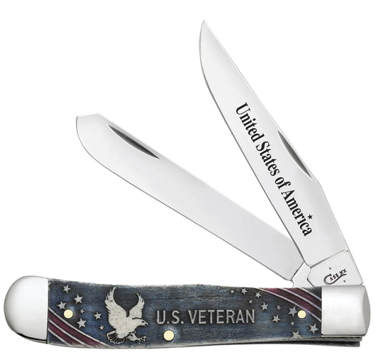 U.S. Veteran Gift Set Embellished Smooth Natural Bone with Blue and Red Color Wash Trapper (In Velvet Box)